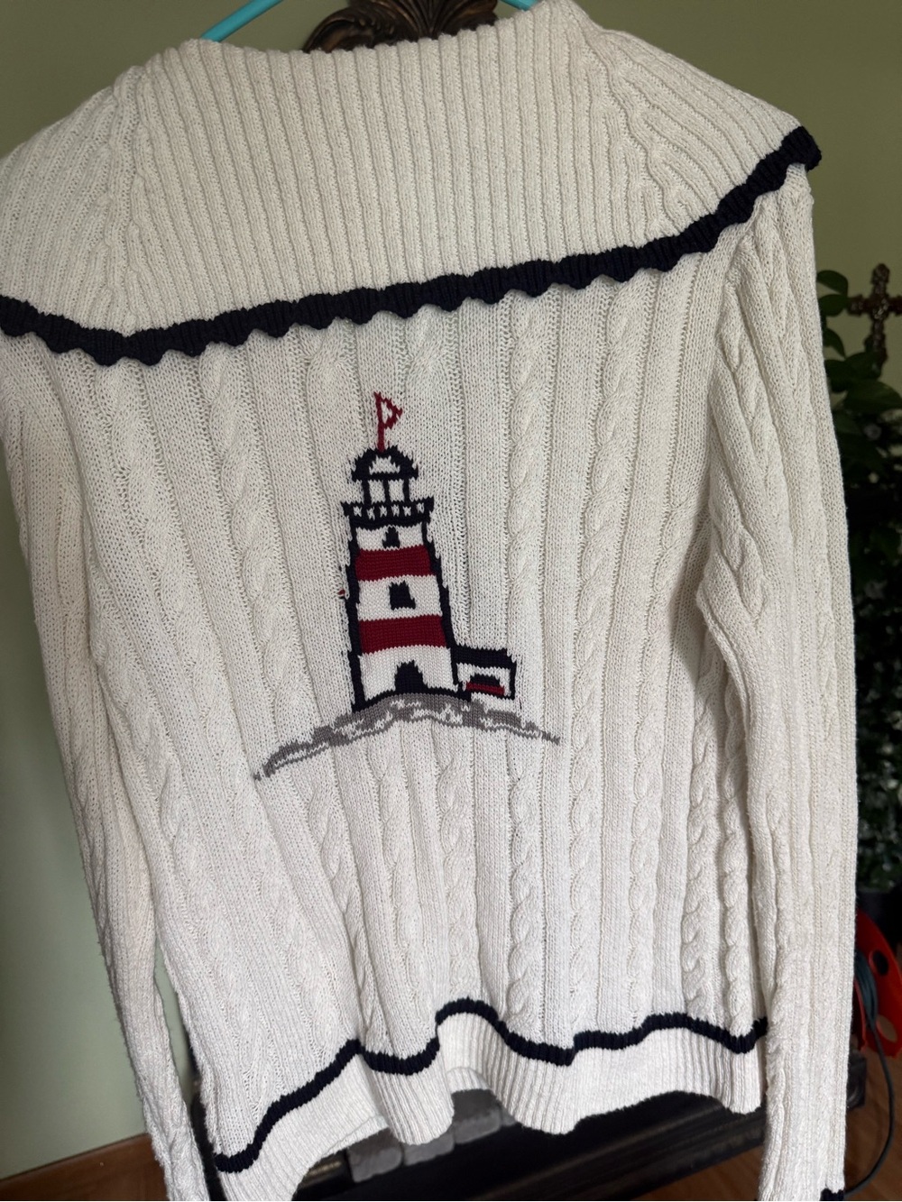 Anthropologie Maeve White Cable Knit Lighthouse Cardigan Rare! Large